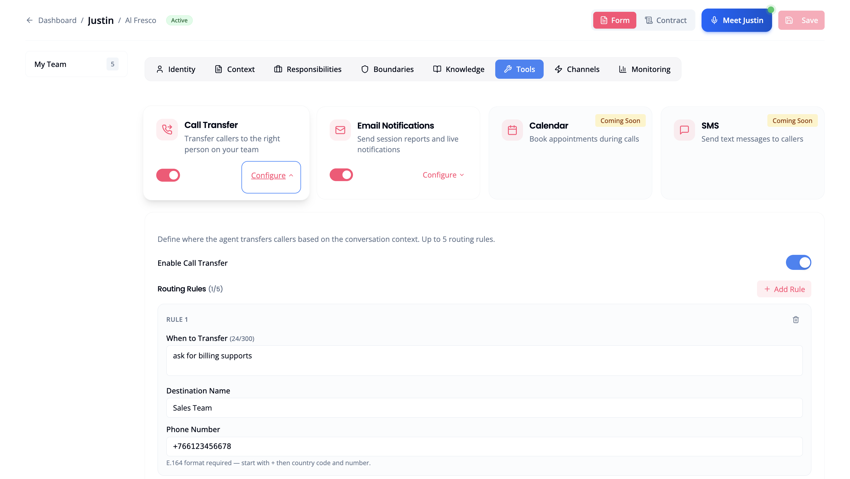 Tools tab showing Call Transfer toggled on with a configured routing rule: When to Transfer set to billing support, Destination Name as Sales Team, and Phone Number in E.164 format
