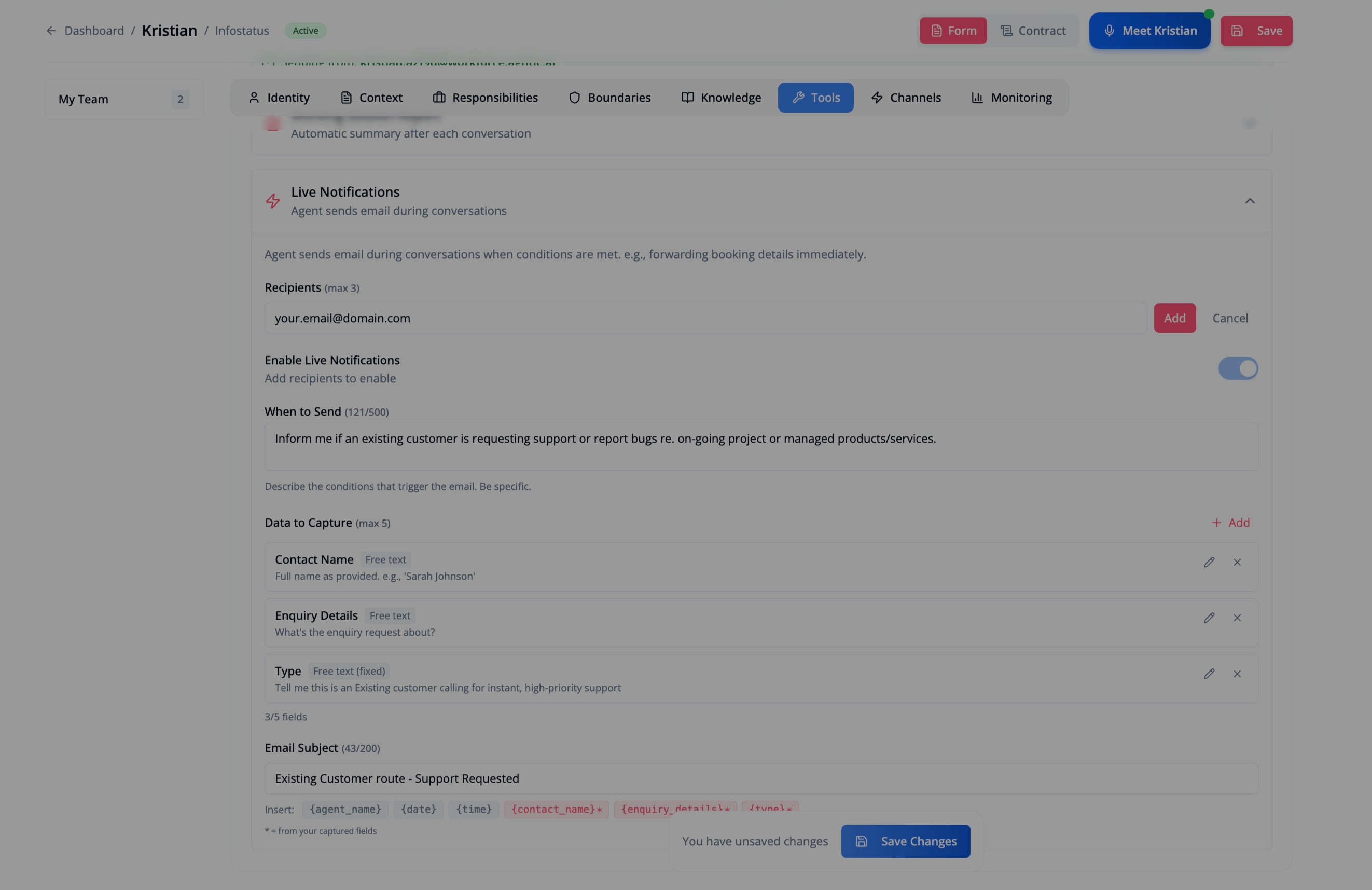 Live Notifications configuration showing Recipients field, Enable toggle, When to Send trigger field, Data to Capture section with fields like Contact Name, Enquiry Details, and Type, plus Email Subject field
